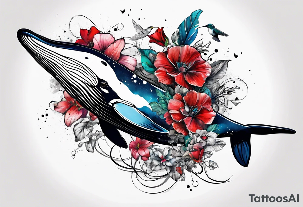 flowers, collage, whale and hummingbird trash polka tattoo idea