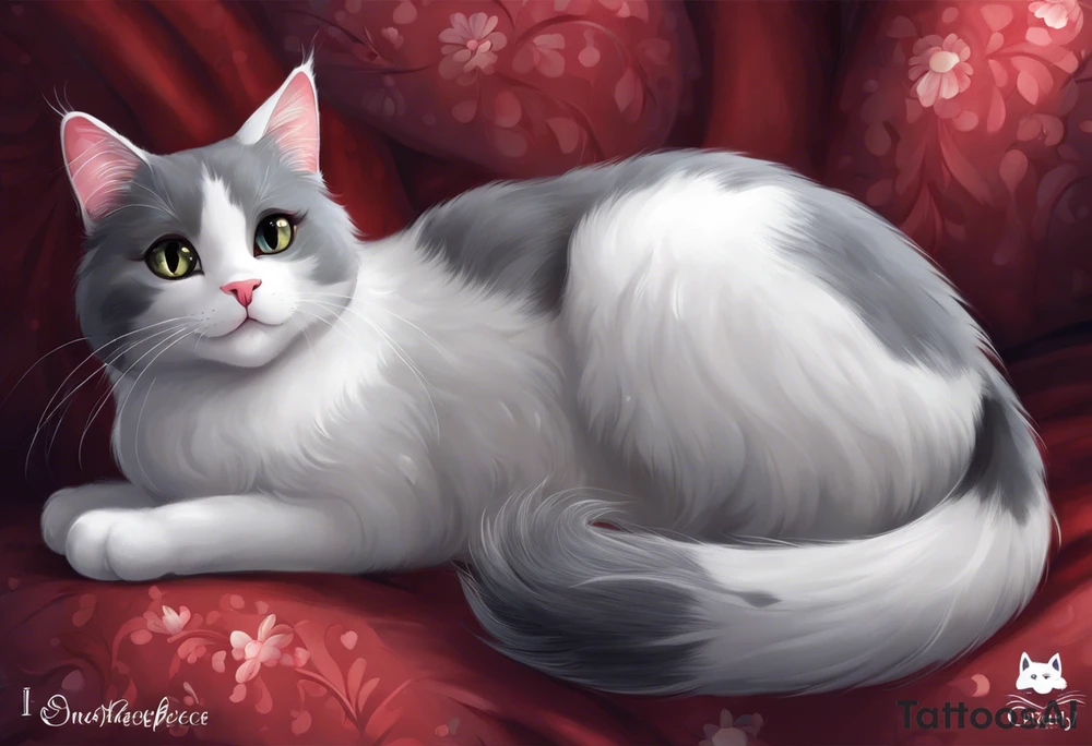 Grey and white cat. She has mostly grey body, smaller white patches on her belly, all four paws are white, but her legs are grey.  she has a tiny little white moustache. White whiskers. She is on the larger side for a cat. I want the tattoo to reflect her sweet personality. She loved sunshine and flowers. She is recently passed away and I would like a memorial tattoo of my sweet baby cat. I want a black and white simple sketch. Her face is completely grey except a tiny white moustache below her nose. tattoo idea