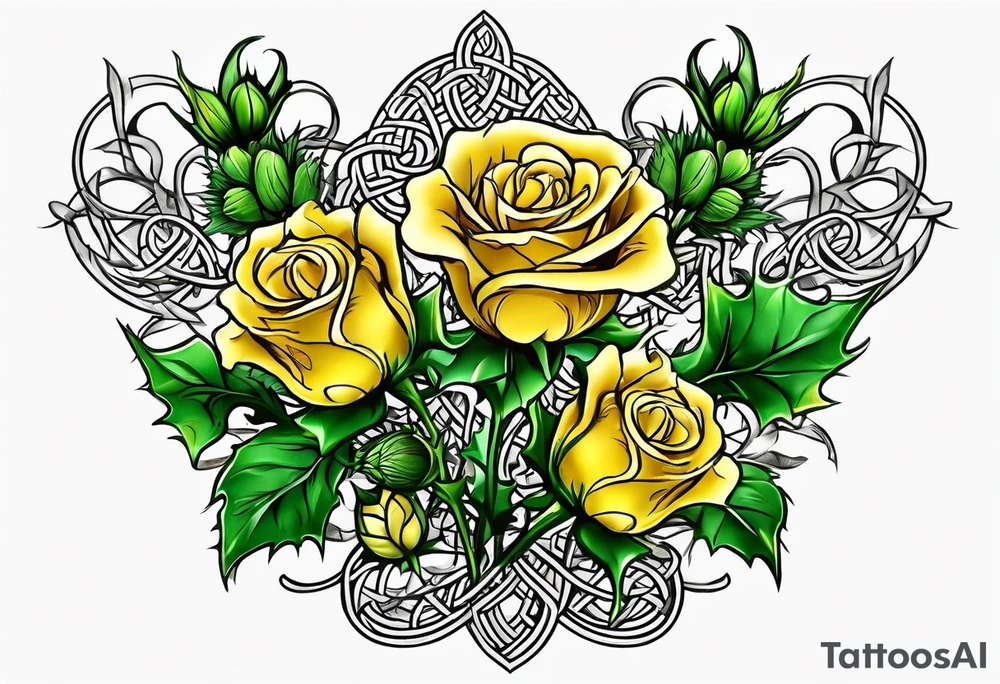 Scottish thistle, yellow rose and shamrock with stems intertwined spelling KND in celtic lettering tattoo idea