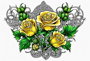 Scottish thistle, yellow rose and shamrock with stems intertwined spelling KND in celtic lettering tattoo idea