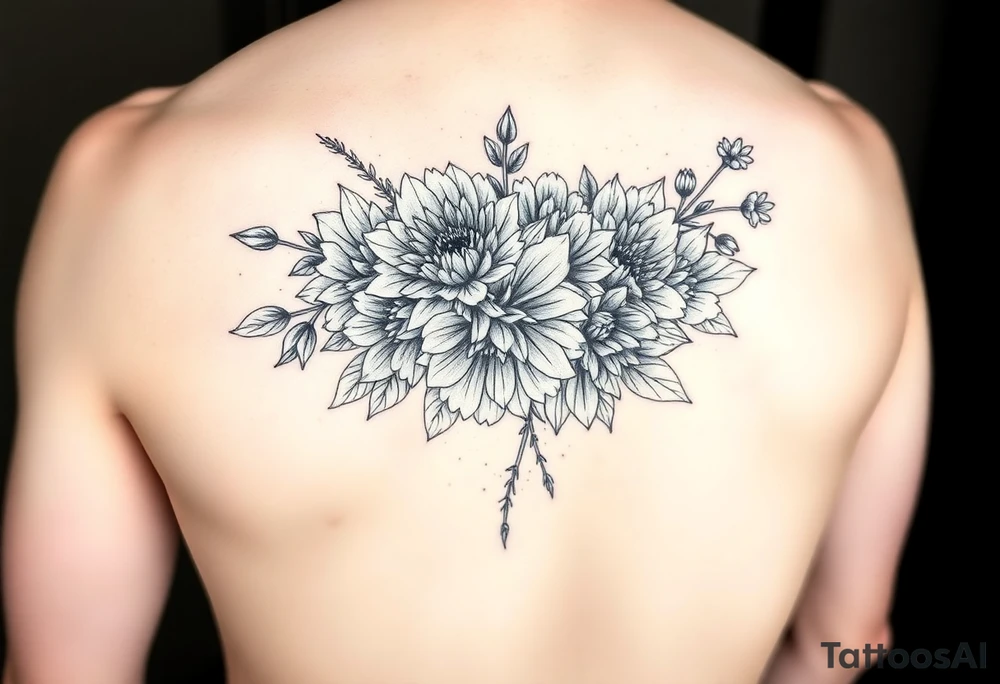 Bouquet of chrysanthemums and peonies tattoo idea