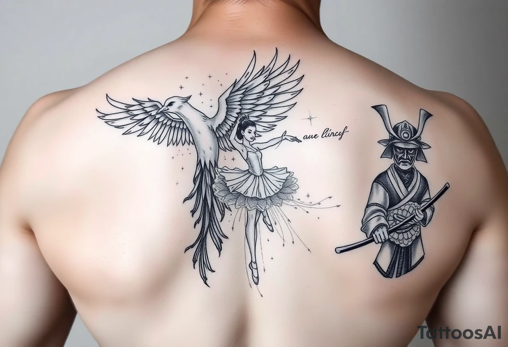 feathery soft tattoo, fine line, with a phoenix, a ballet dancer and a samurai. tattoo idea