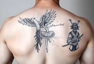 feathery soft tattoo, fine line, with a phoenix, a ballet dancer and a samurai. tattoo idea