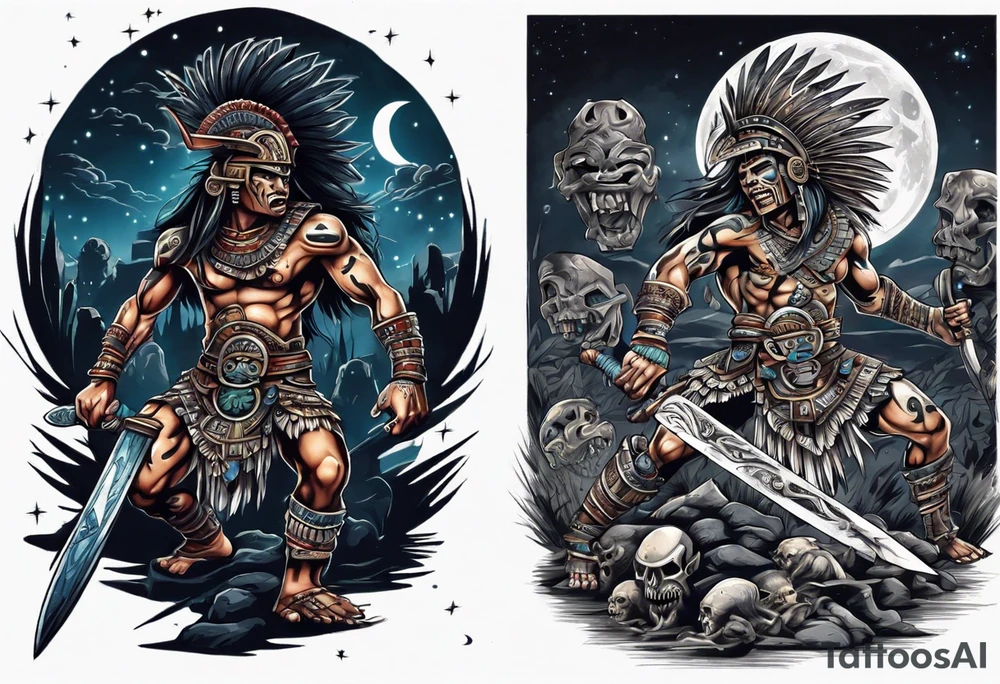 Aztec warrior with an obsidian sword fighting against goblins at night with moonlight skies tattoo idea