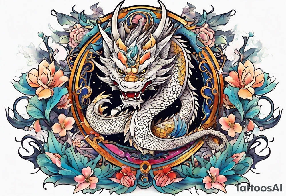 Japanese female Dragon cute, celestial, cross tattoo idea