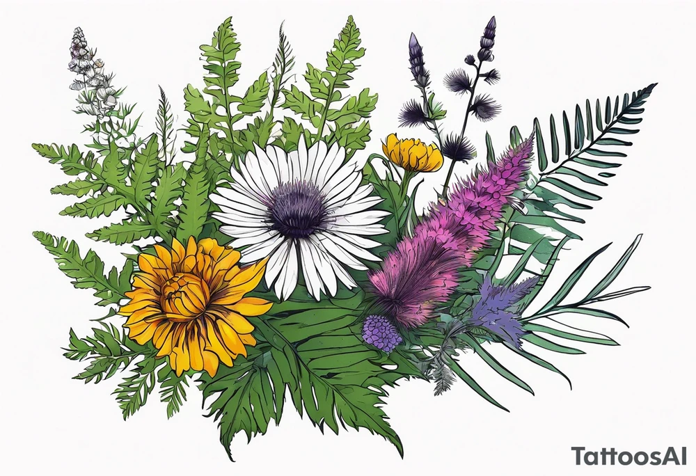 spread out mixed wildflower bouquet with ferns, thistle and with color and show the design on a leg tattoo idea