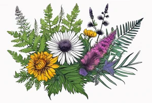 spread out mixed wildflower bouquet with ferns, thistle and with color and show the design on a leg tattoo idea