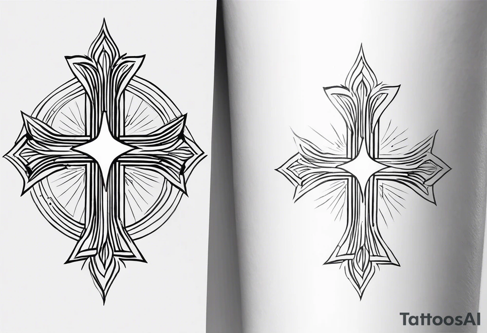 Minimalist Tattoo: A refined cross with a soft halo on top of it, symbolizing light and spirituality. Delicate rays extend outward from the halo, adding a subtle glow and depth. The cross itself is simple and elegant, with potential for small, intricate line details within the design. Style: Minimalist. tattoo idea
