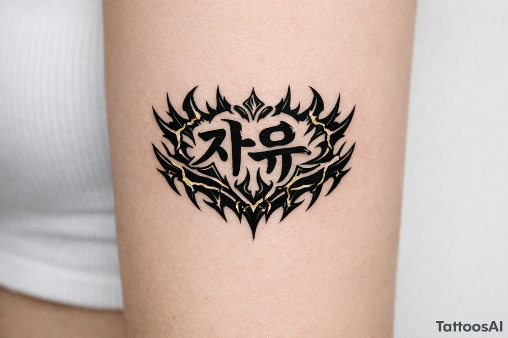 free written in korean with kpop demon hunters patterns, have it evoke the styling of korean writing and incorporate golden joinery less symetrical make it more demoniczne tattoo idea