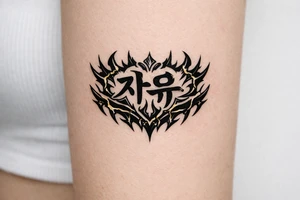free written in korean with kpop demon hunters patterns, have it evoke the styling of korean writing and incorporate golden joinery less symetrical make it more demoniczne tattoo idea
