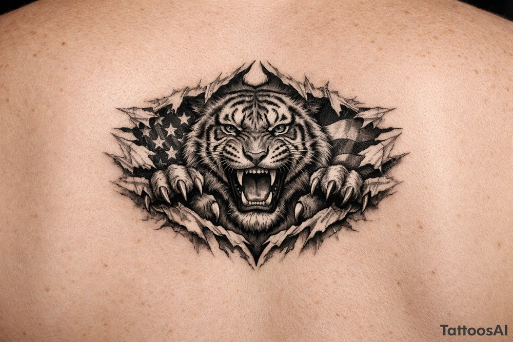 Tiger ripping through the chest with the American Flag in the background. Like the American Flag is the blood of the body. tattoo idea