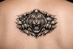 Tiger ripping through the chest with the American Flag in the background.  Like the American Flag is the blood of the body. tattoo idea
