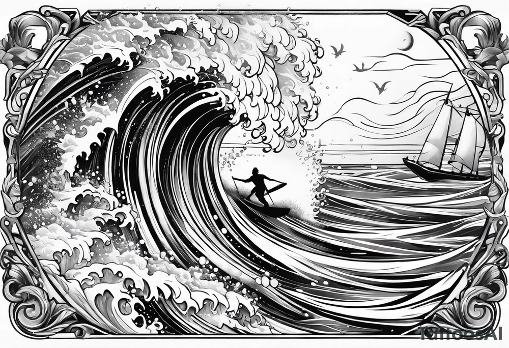 Poseidon im Vordergrund mit Windsurfer und Wellen im Hintergrund tattoo idea
