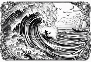 Poseidon im Vordergrund mit Windsurfer und Wellen im Hintergrund tattoo idea
