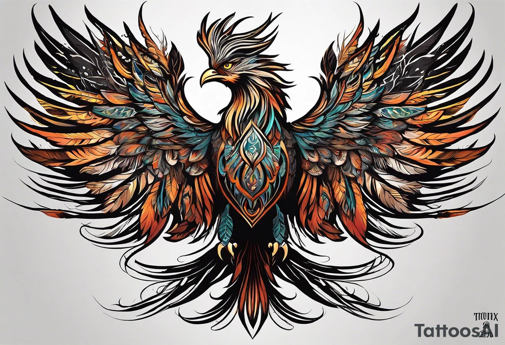 A majestic fire phoenix, rising powerfully with its wings spread wide and feathers flowing, representing rebirth and resilience. The phoenix is detailed with intricate feathers, creating a sense of movement and vitality. The design is bold, with deep shading and texture that adds dimension and intensity to its form. tattoo idea