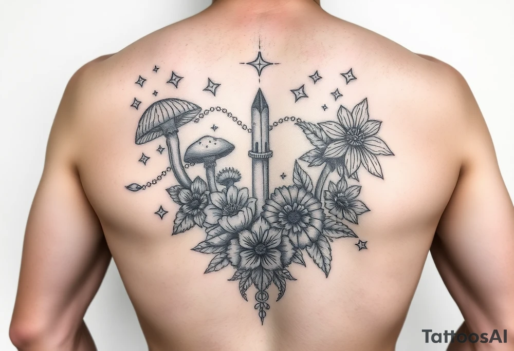 Could you possible make me a cool nature tattoo with mushrooms crystals  flowers mandala boho but colorful and psychedelic colorful too that would wrap from front of hip around side to mid back to cover an existing one I have incorporating the stars I have already and only covering some wrapping from front of hip around side to back tattoo idea