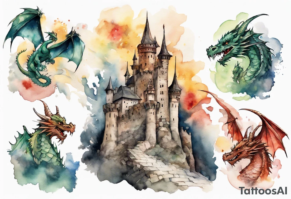 3 dragons flying around the highest part of the castle, defending it from a village with angry people tattoo idea