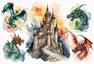 3 dragons flying around the highest part of the castle, defending it from a village with angry people tattoo idea