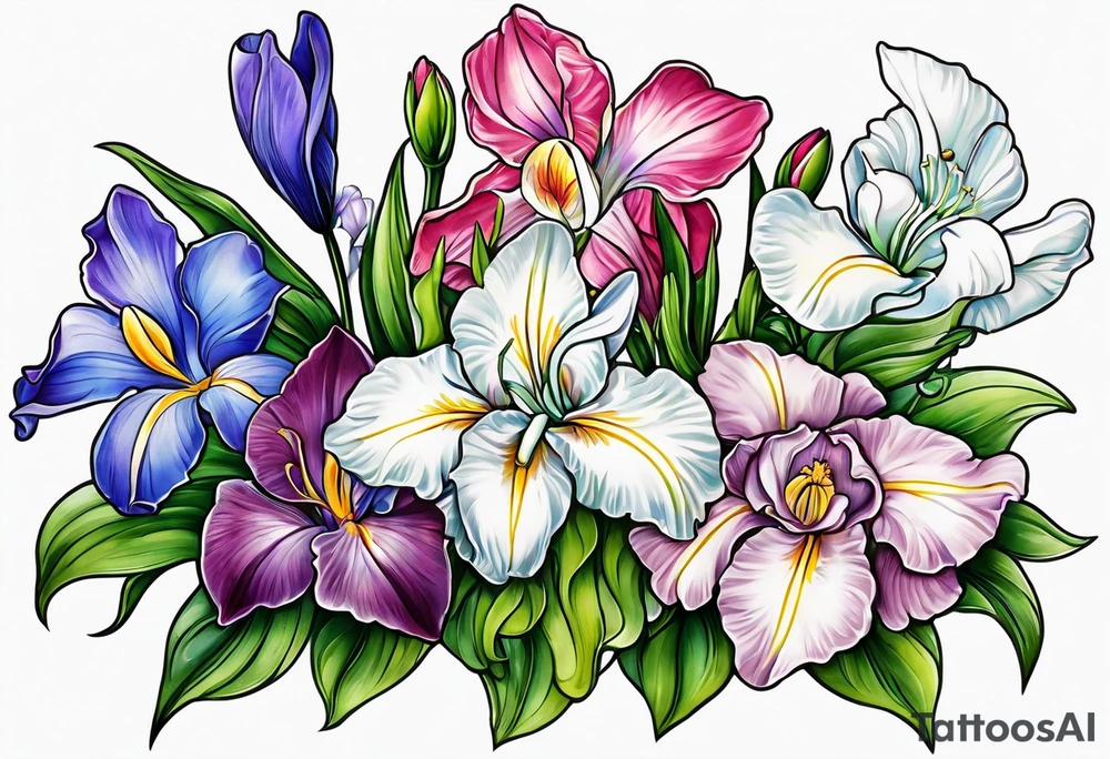 i want a bouquet of flowers that include a snowdrop, iris, cherry blossom, daisy and morning glory tattoo idea