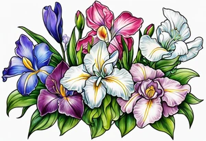 i want a bouquet of flowers that include a snowdrop, iris, cherry blossom, daisy and morning glory tattoo idea