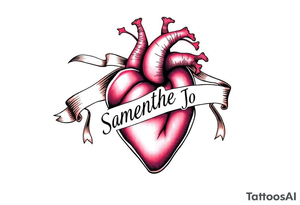anatomical heart with flowing ribbons with the name Samantha Jo tattoo idea