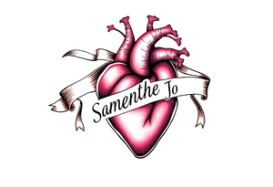 anatomical heart with flowing ribbons with the name Samantha Jo tattoo idea
