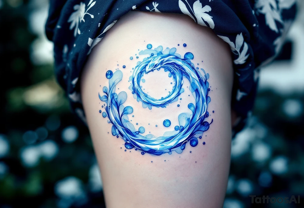 A translucent water-like Ouroboros snake forming cyrcle, with soft blue and white hues, creating an ethereal, flowing effect. tattoo idea