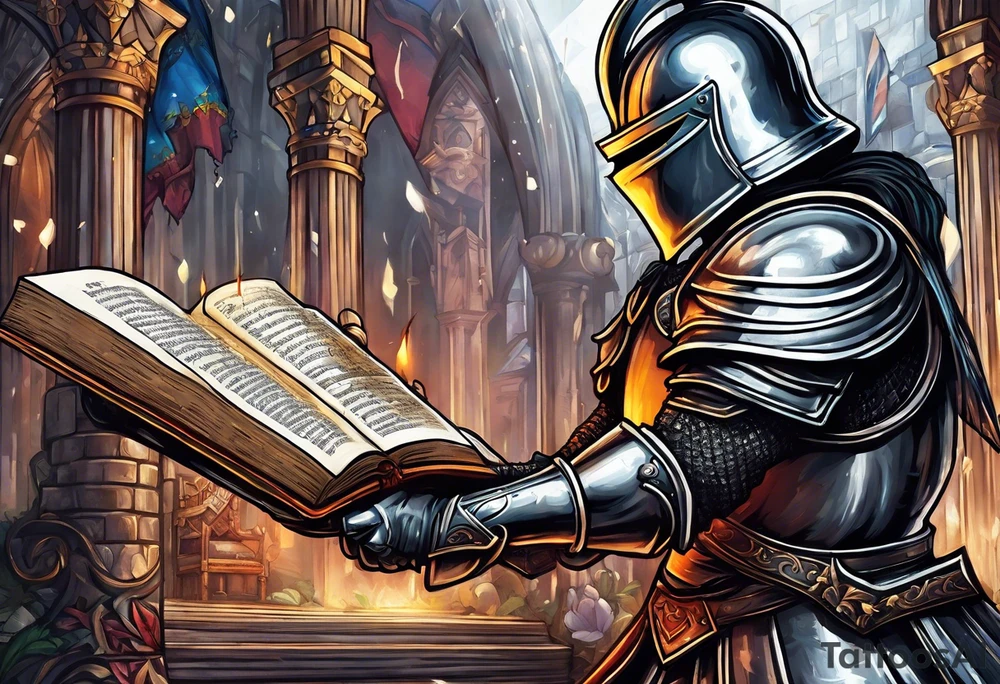 a knight pulling a sword out of an open bible tattoo idea