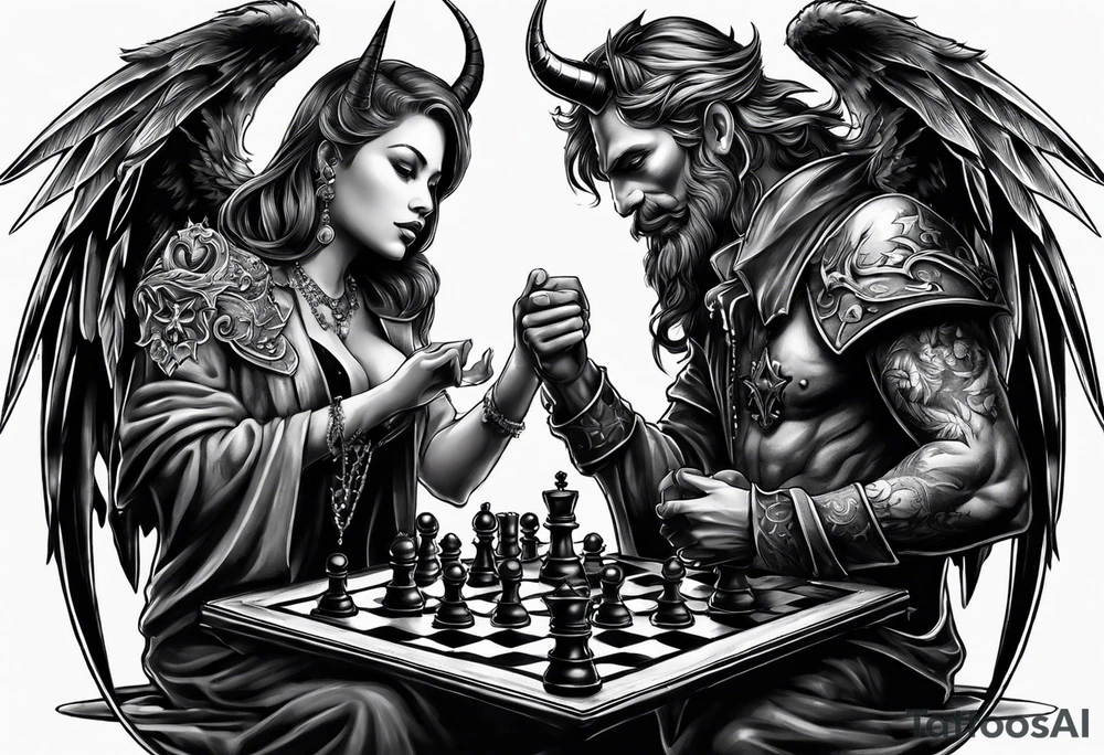 devil and angel playing chess tattoo idea