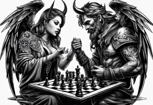 devil and angel playing chess tattoo idea