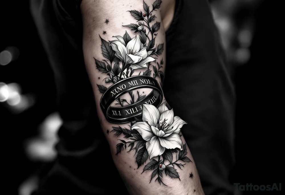 1 black band with roman numerals circuling near elbow and 1 black band lower forearm, both with roman numerals in them. between the black bands fill the space with narcissus flowers and holly tattoo idea