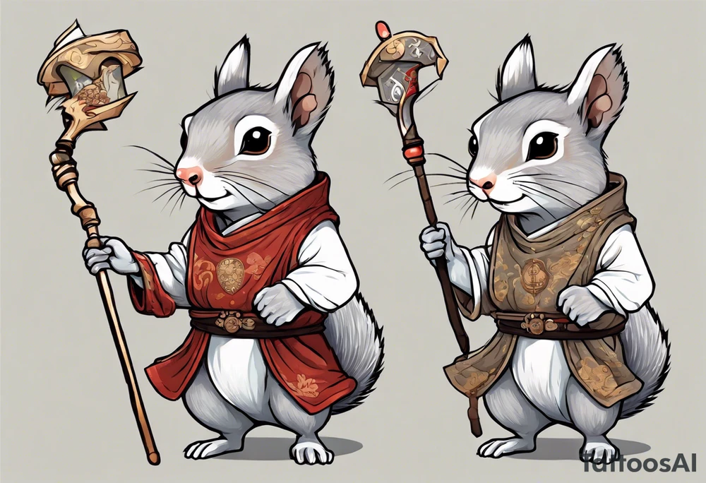 a grey squirrel dressed in a medieval tunic holding a white staff tattoo idea