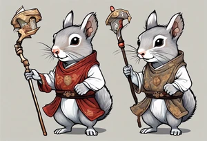 a grey squirrel dressed in a medieval tunic holding a white staff tattoo idea