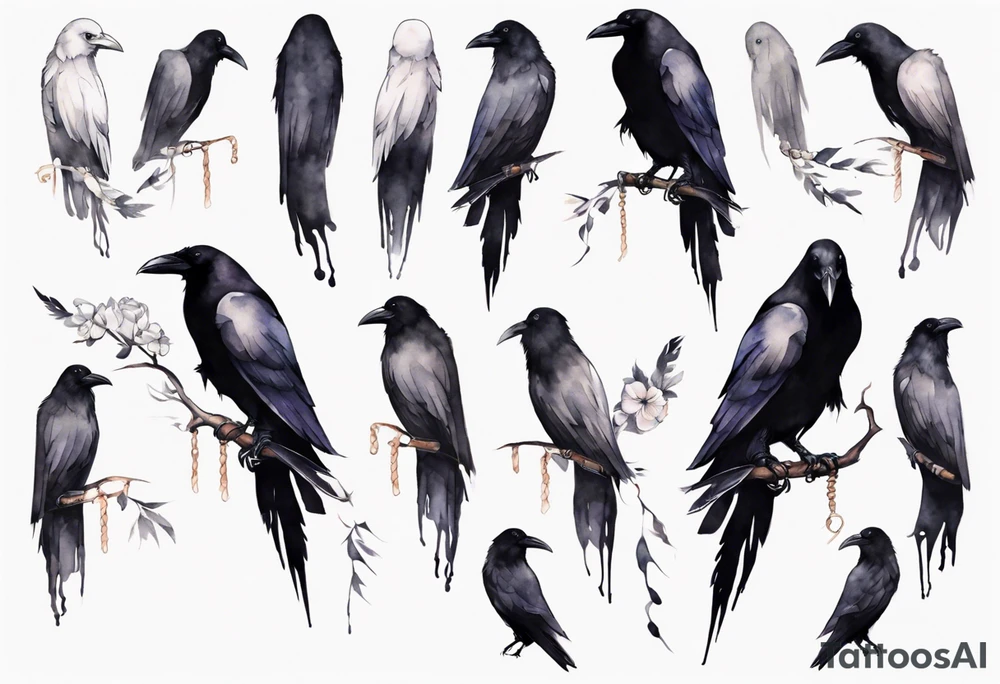 raven wearing a white ribbon tied around leg tattoo idea