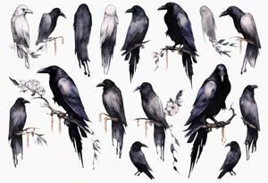 raven wearing a white ribbon tied around leg tattoo idea