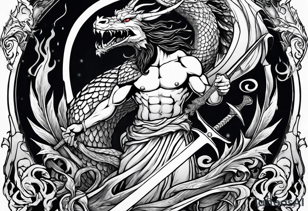 Jesus stabbing a dragon in the heart with a flaming sword tattoo idea