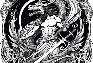 Jesus stabbing a dragon in the heart with a flaming sword tattoo idea