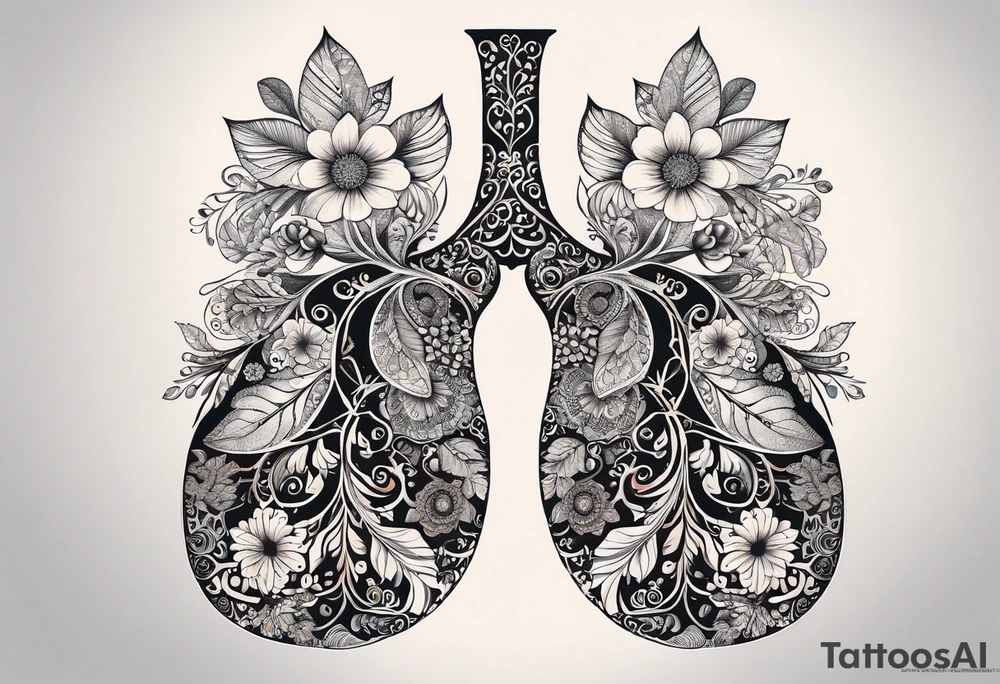 intricate and artistic arrangement of flowers and ornamental patterns that come together to form the shape of human lungs. The design should have a balance of delicacy and detail, with vibrant floral elements seamlessly intertwining to mimic the structure of the lungs, including the bronchi branching into floral motifs. Incorporate subtle shading and depth to give the tattoo a dynamic and organic feel, while maintaining elegance and symmetry, embraced by an octopus and butterflies flying around tattoo idea