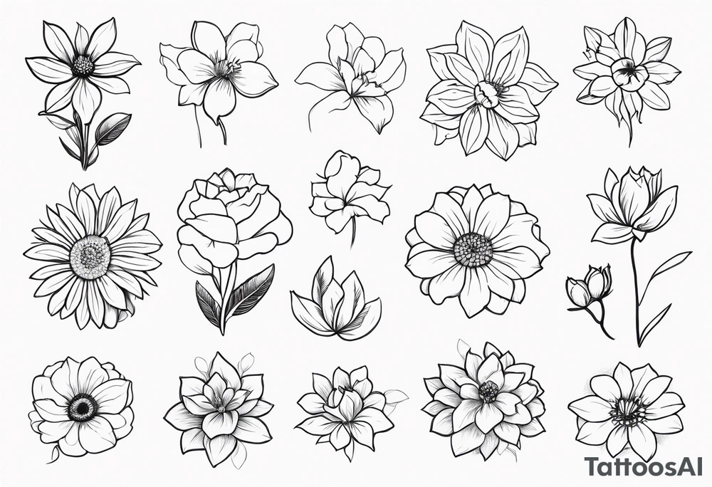 fine line birth month flowers of march may june july together tattoo idea
