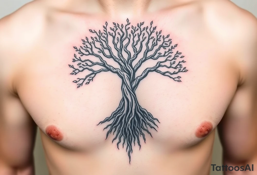 mystical tree of life with cosmic roots and celestial branches tattoo idea