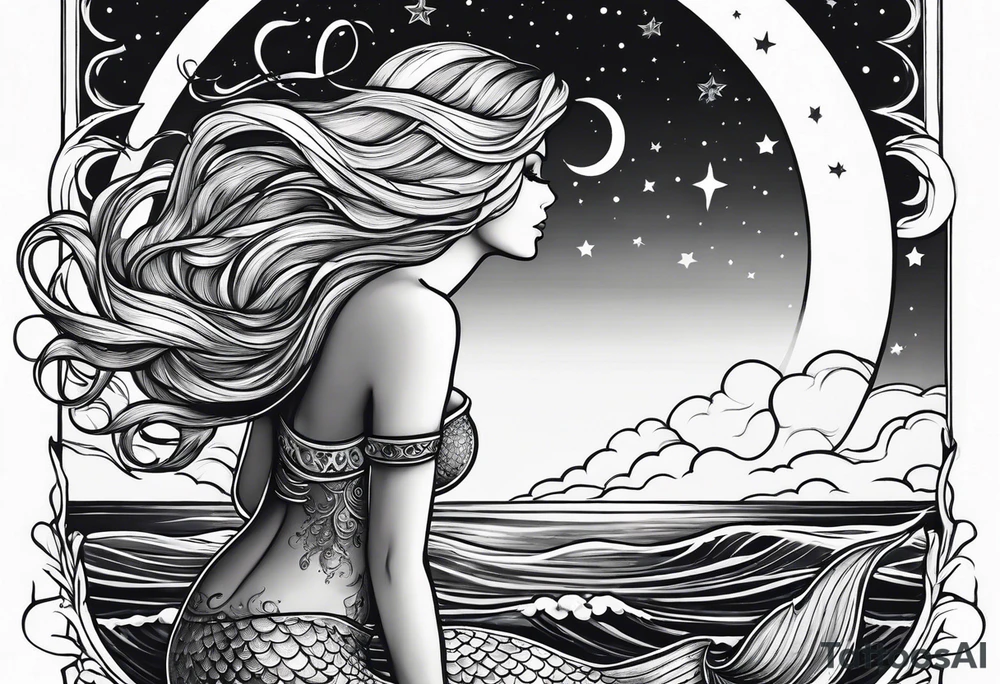 A mermaid looking out into the night sky and ocean horizon tattoo idea