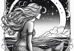 A mermaid looking out into the night sky and ocean horizon tattoo idea