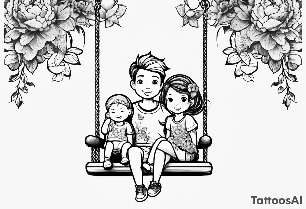 1/2 sleeves full of flowers with a mom older son younger daughter in the middle on a swing tattoo idea