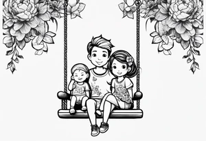 1/2 sleeves full of flowers with a mom older son  younger daughter in the middle on a swing tattoo idea