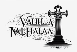 Valhalla 
 sword stairs axe mist fog tattoo idea