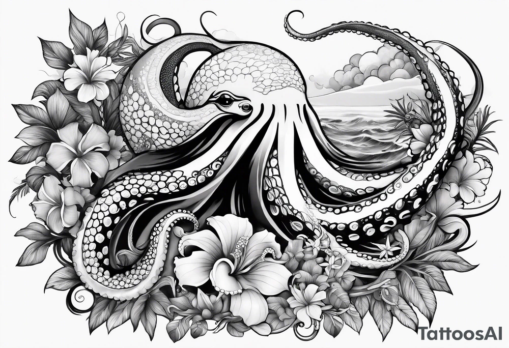 Half sleeve with octopus and humpback whale on arm with Hawaiian flowers tattoo idea