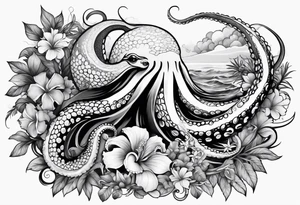 Half sleeve with octopus and humpback whale on arm with Hawaiian flowers tattoo idea