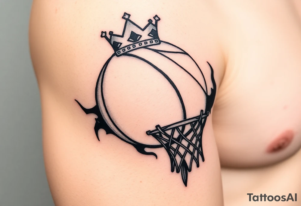 Basketball and basketball hoop with a crown, tribal influence tattoo idea