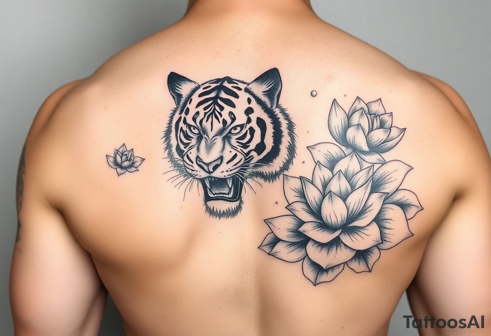 fierce tiger emerging through blooming lotus flowers in mist tattoo idea