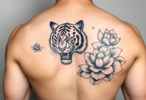 fierce tiger emerging through blooming lotus flowers in mist tattoo idea